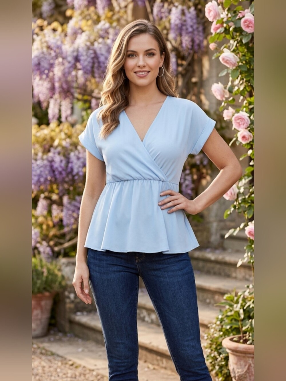 ​🎀 Light Blue Faux-Wrap Peplum Top with Tie-Back Bow 🎀